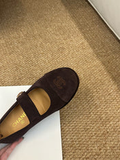 CHANEL 26S MARY JANE FLATS IN DARK BROWN SUEDE CC LOGO