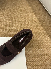 CHANEL 26S MARY JANE FLATS IN DARK BROWN SUEDE WITH CC LOGO