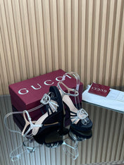 GUCCI 26S HIGH-HEELED SANDALS 125 MM IN BLACK SATIN AND SILVER CALFSKIN