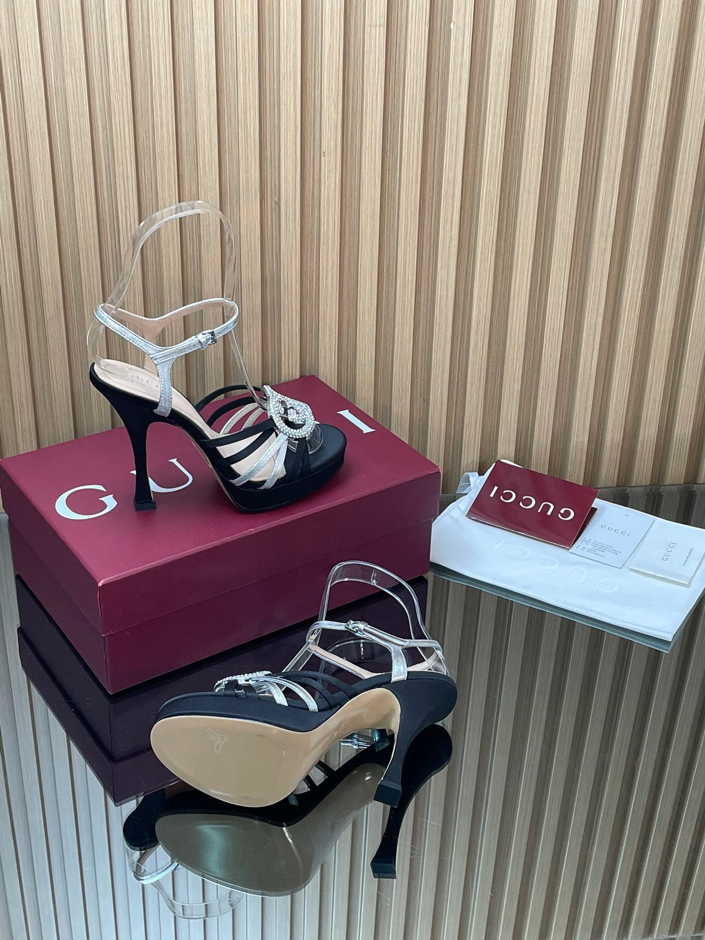 GUCCI 26S HIGH-HEELED SANDALS 125 MM IN BLACK SATIN AND SILVER CALFSKIN