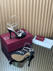 GUCCI 26S HIGH-HEELED SANDALS 125 MM IN BLACK SATIN AND SILVER CALFSKIN