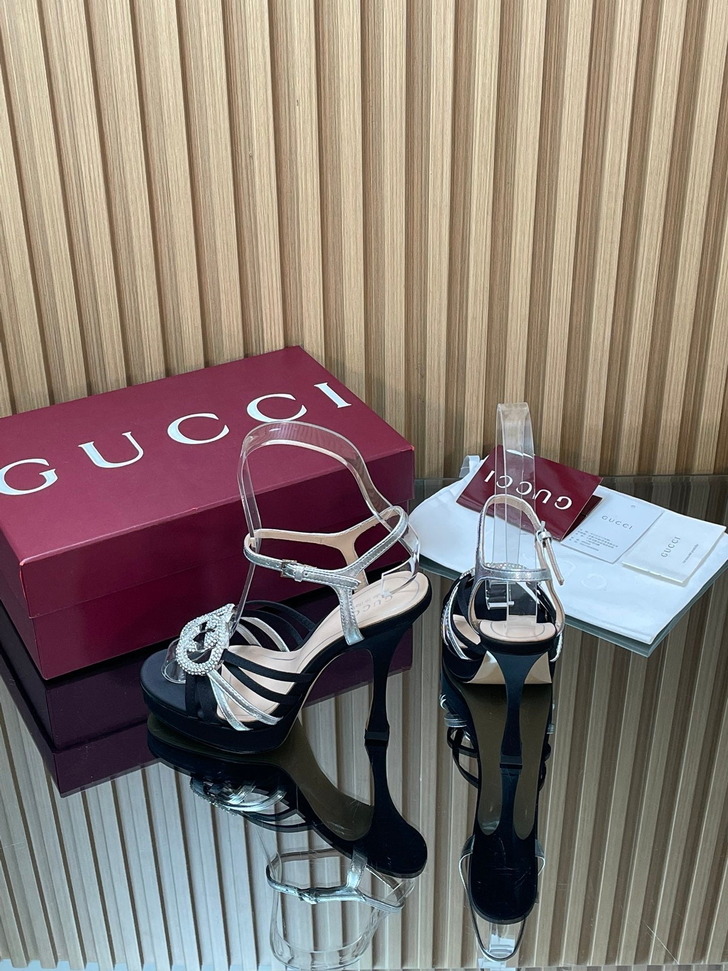 GUCCI 26S HIGH-HEELED SANDALS 125 MM IN BLACK SATIN AND SILVER CALFSKIN