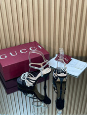 GUCCI 26S HIGH-HEELED SANDALS 125 MM IN BLACK SATIN AND SILVER CALFSKIN