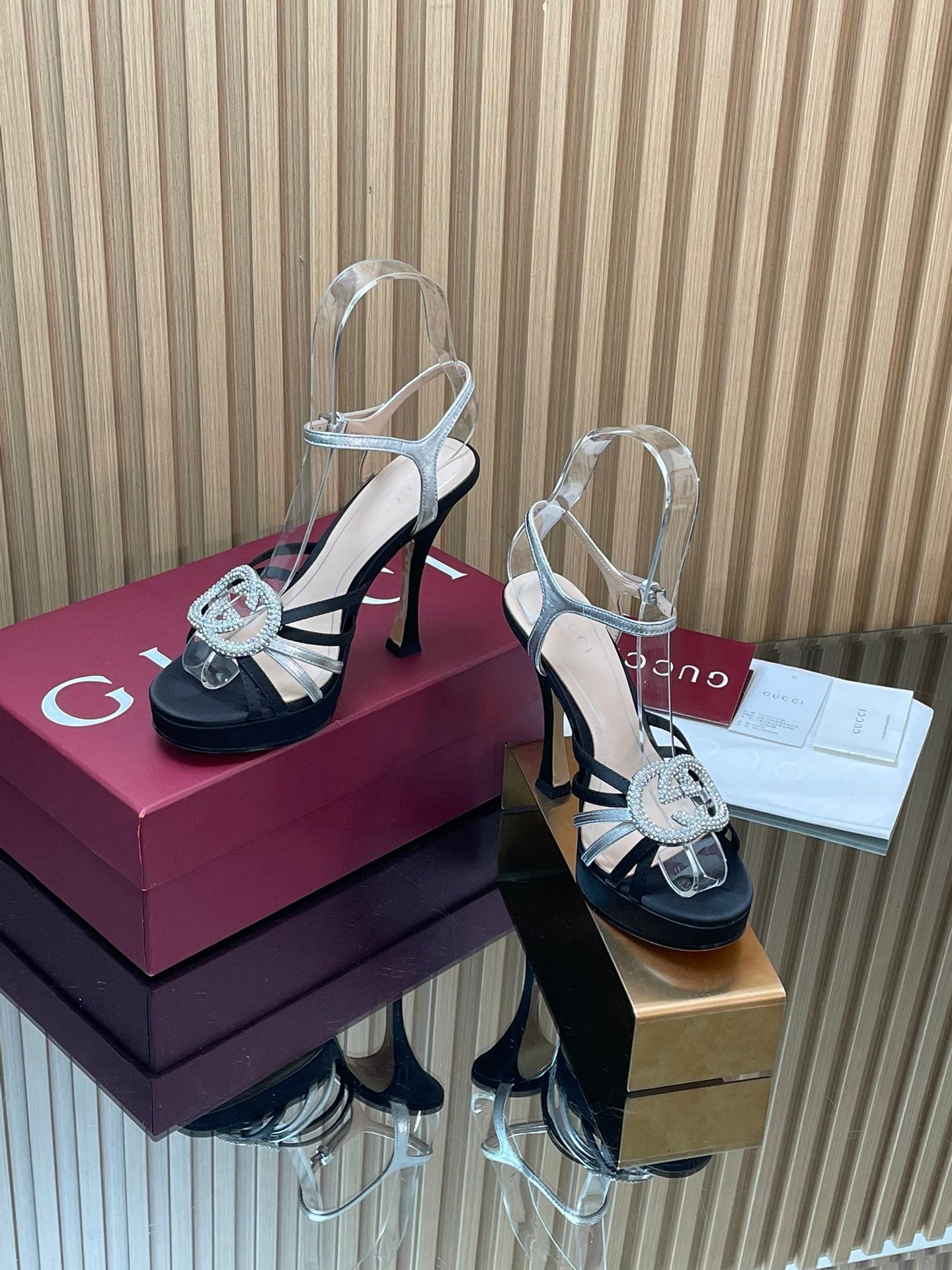 GUCCI 26S HIGH-HEELED SANDALS 125 MM IN BLACK SATIN AND SILVER CALFSKIN