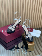 GUCCI 26S HIGH-HEELED SANDALS 125 MM IN BLACK SATIN AND SILVER CALFSKIN