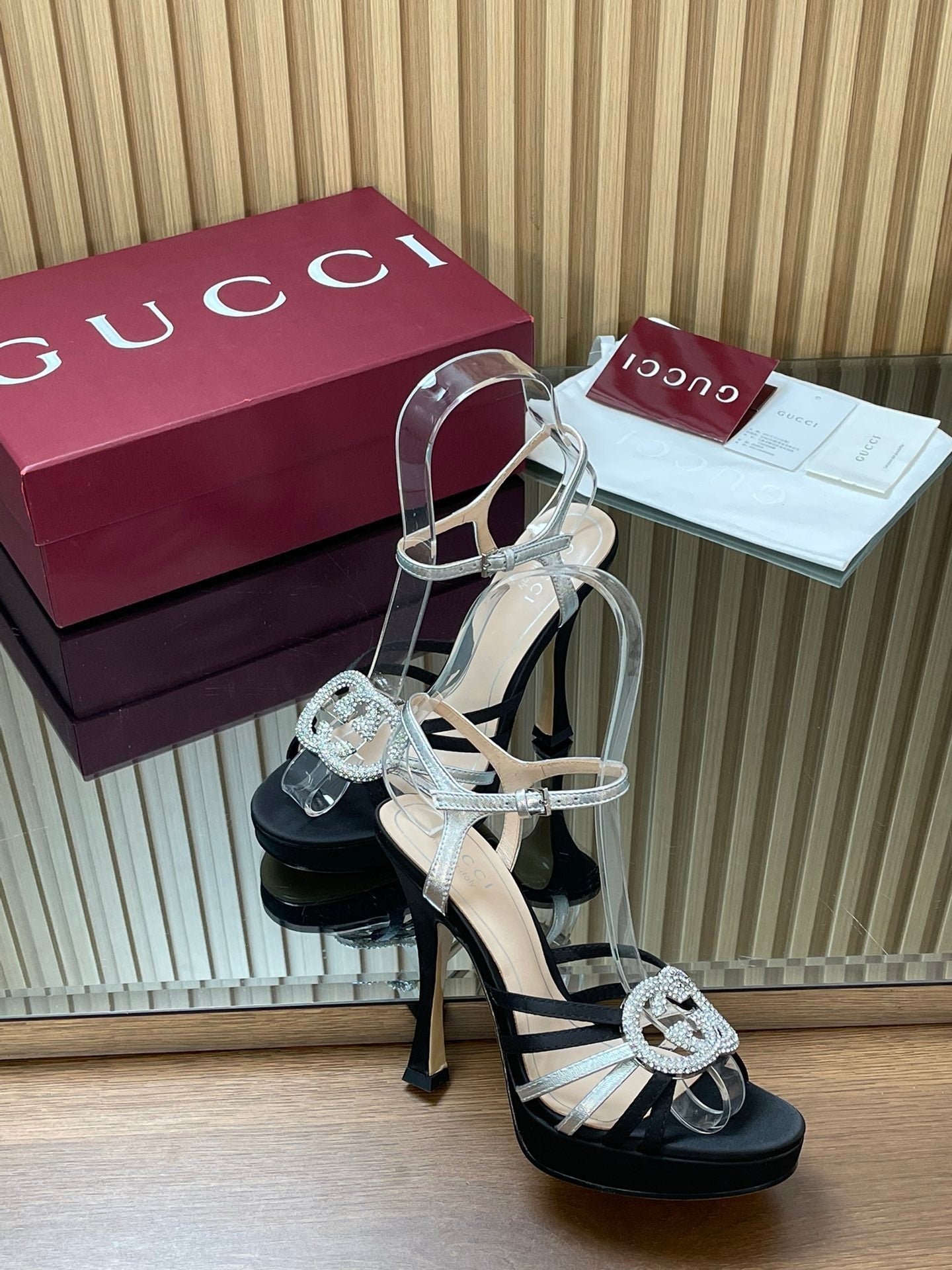 GUCCI 26S HIGH-HEELED SANDALS 125 MM IN BLACK SATIN AND SILVER CALFSKIN