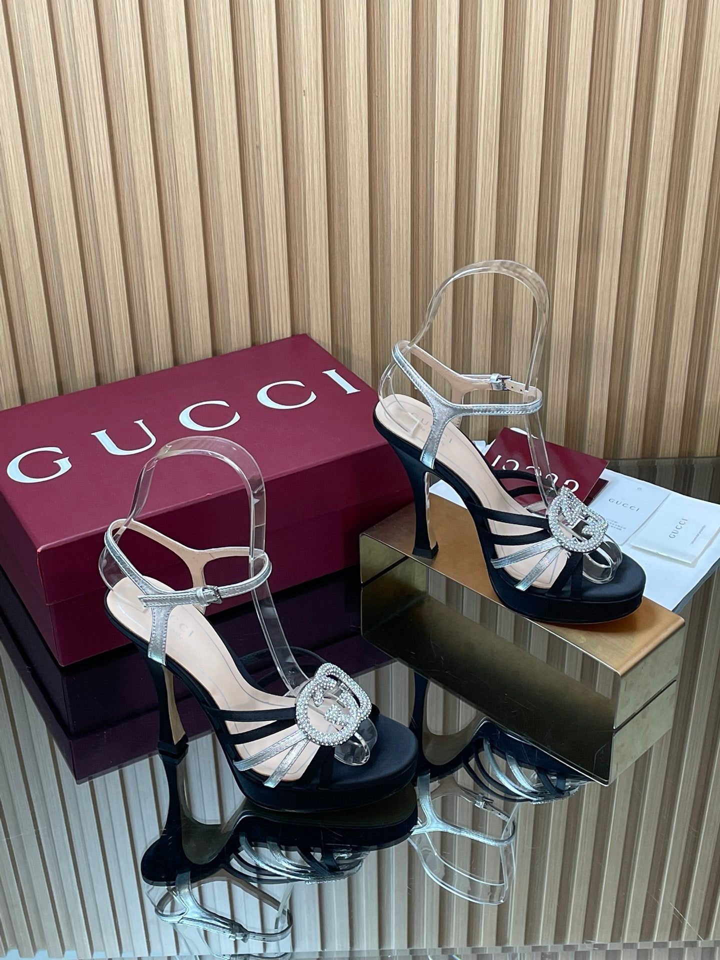 GUCCI 26S HIGH-HEELED SANDALS 125 MM IN BLACK SATIN AND SILVER CALFSKIN