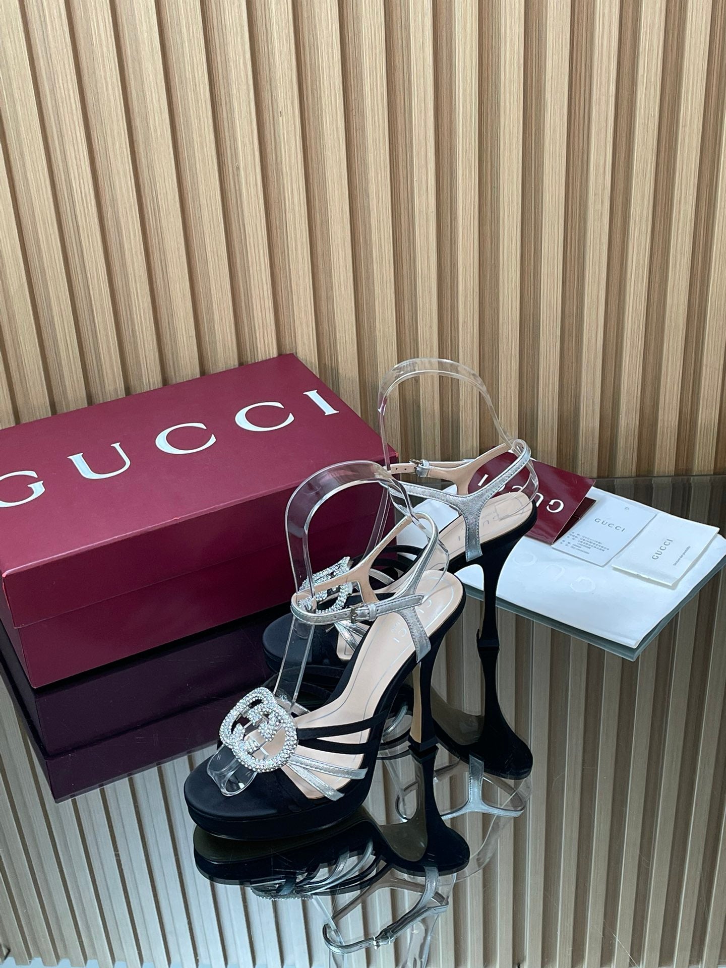 GUCCI 26S HIGH-HEELED SANDALS 125 MM IN BLACK SATIN AND SILVER CALFSKIN