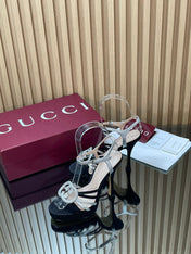 GUCCI 26S HIGH-HEELED SANDALS 125 MM IN BLACK SATIN AND SILVER CALFSKIN