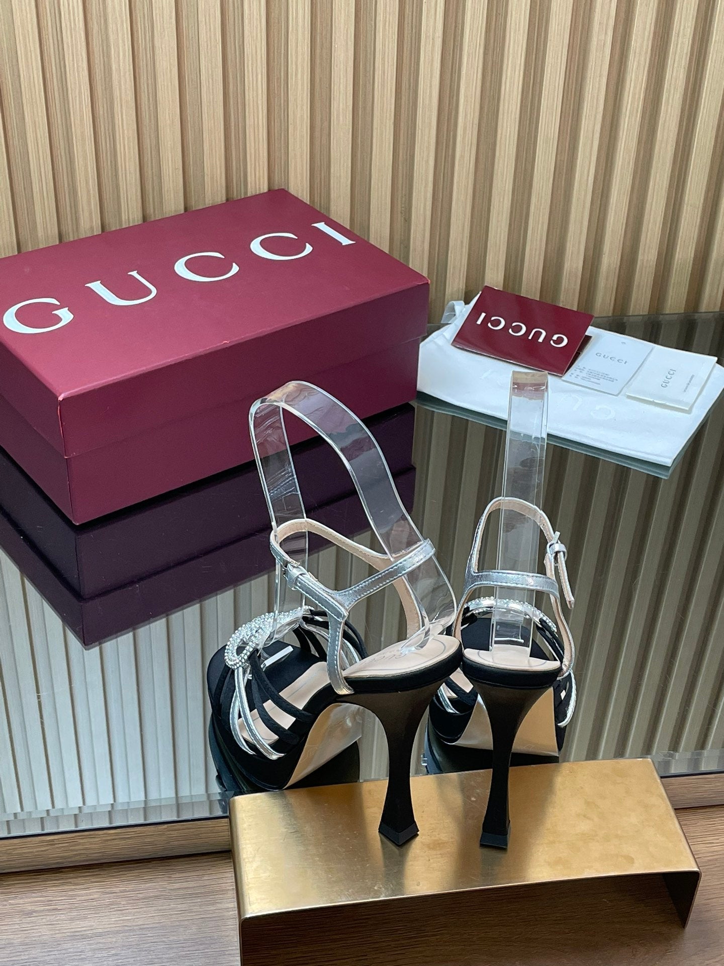 GUCCI 26S HIGH-HEELED SANDALS 125 MM IN BLACK SATIN AND SILVER CALFSKIN