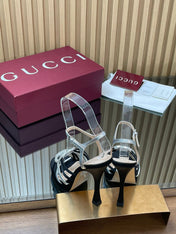 GUCCI 26S HIGH-HEELED SANDALS 125 MM IN BLACK SATIN AND SILVER CALFSKIN