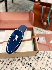Loro Piana Dark Blue White Suede Charms Walk Flat Mules