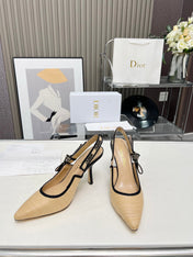 J'ADIOR SLINGBACK PUMP NATURAL RAFFIA AND BLACK EMBROIDERED COTTON 10 CM