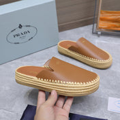 PRADA 26S MULES ESPADRILLES IN BROWN CALFSKIN
