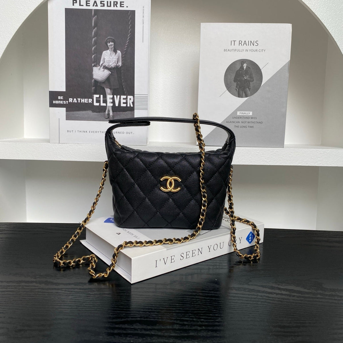 CHANEL 25S HOBO BAG 22 IN BLACK CAVIAR LEATHER
