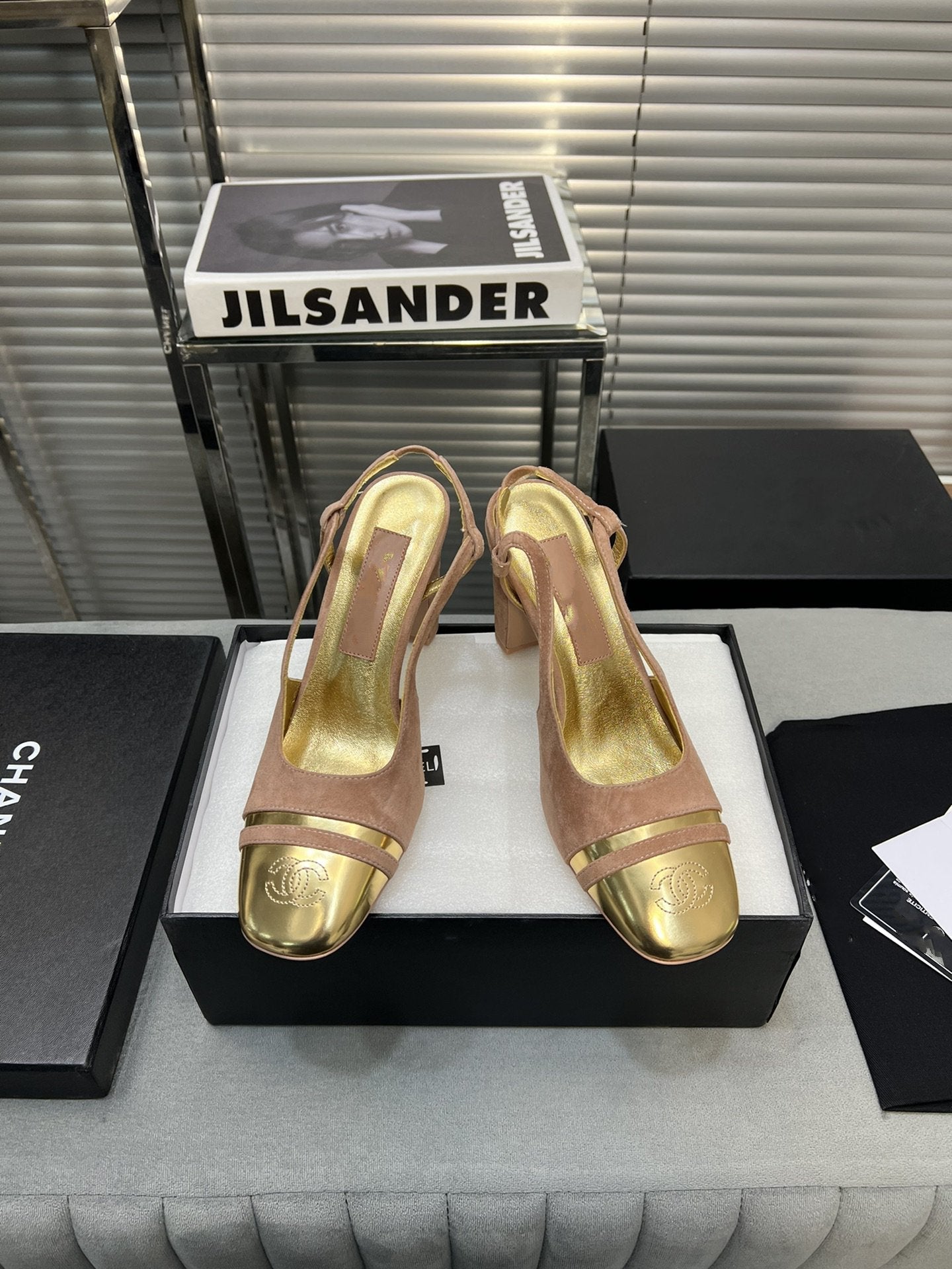 slingback rose suede gold metalic lambskin square toe 9.5