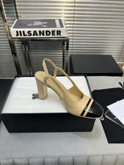 slingback light beige suede silver metalic lambskin square toe 9.5