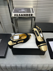 slingback black suede gold metalic lambskin square toe 5.0