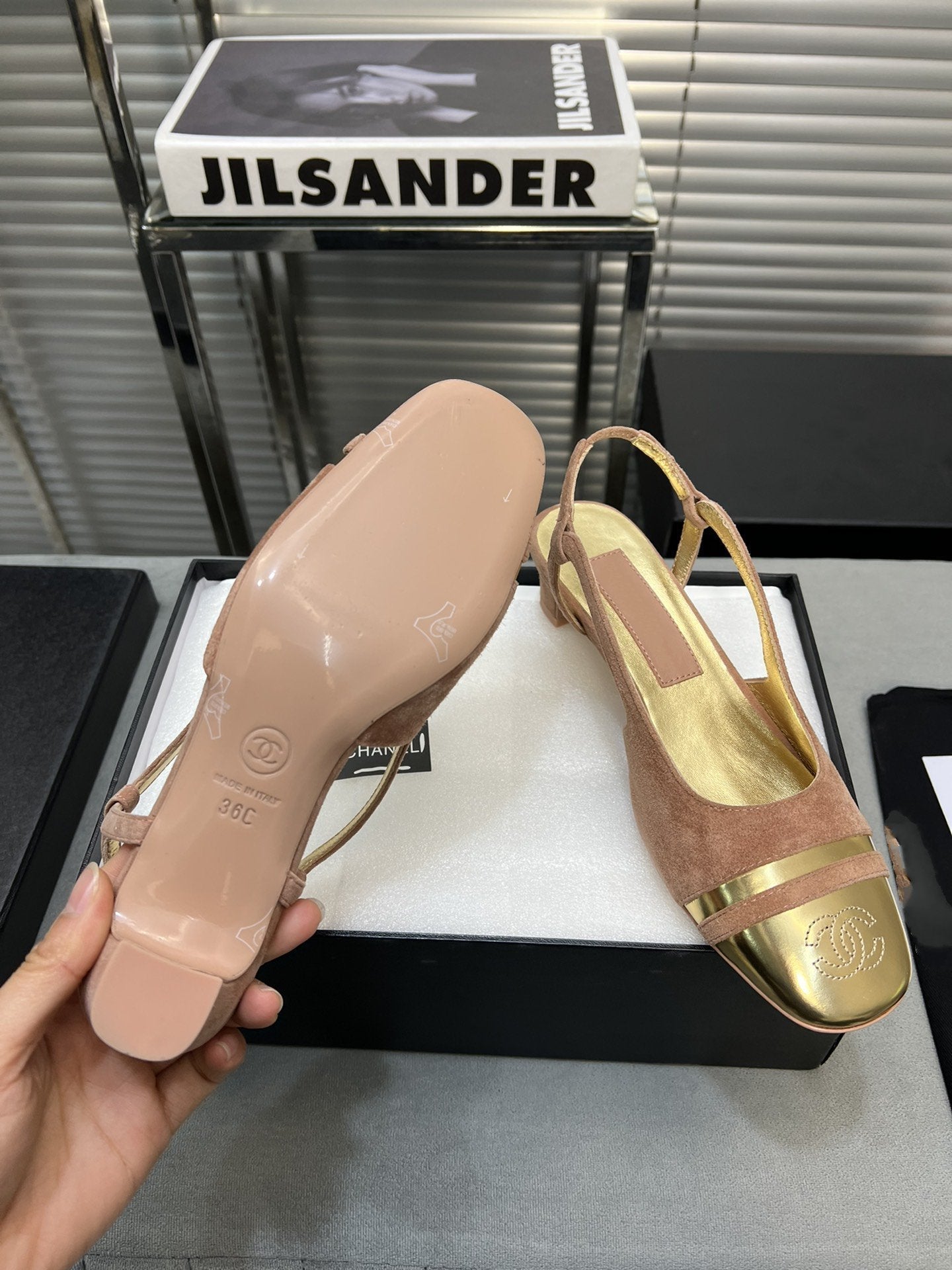 slingback rose suede gold metalic lambskin square toe 5.0