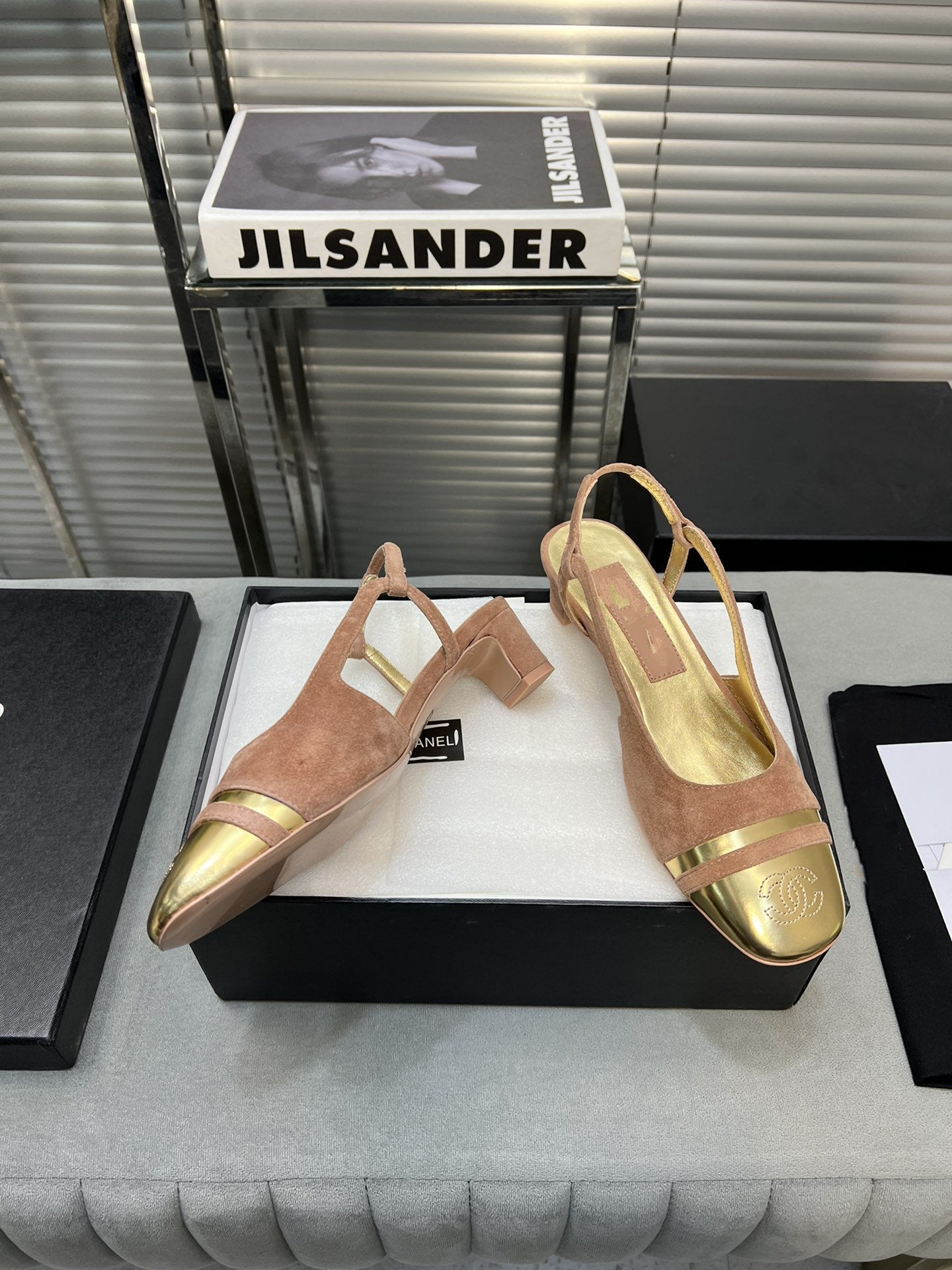 slingback rose suede gold metalic lambskin square toe 5.0