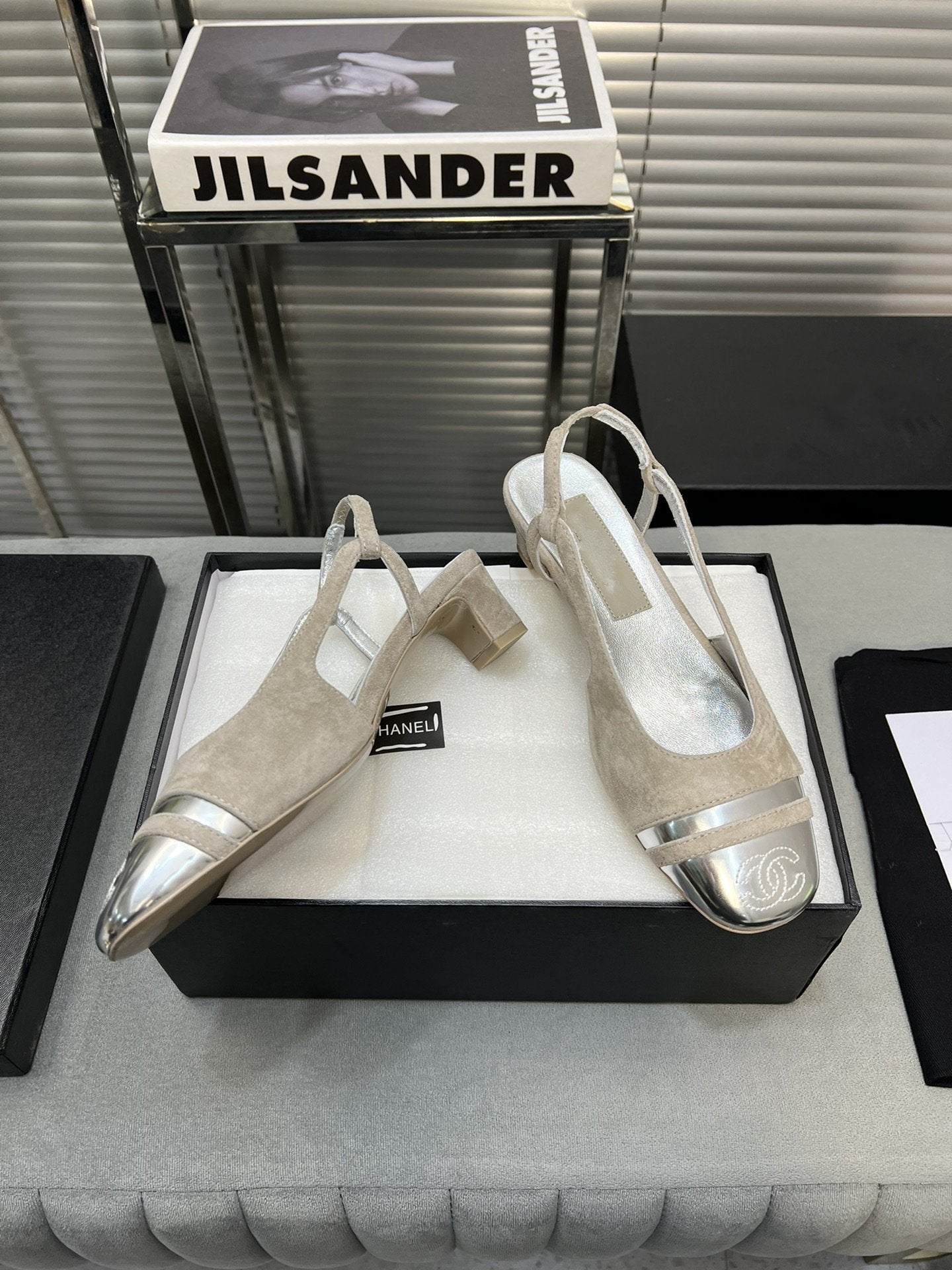 slingback light beige suede silver metalic lambskin square toe 5.0