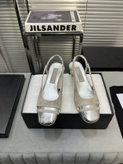 slingback light beige suede silver metalic lambskin square toe 5.0
