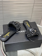 SLIPPERS CAMELLIA IN BLACK CALFSKIN