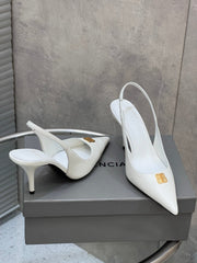 BALENCIAGA 25S HIGH-HEEL SLINGBACK 85 MM IN WHITE COW LEATHER WITH GOLD HARDWARE