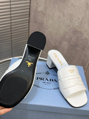PRADA 26S BLOCK HEEL SLIDE SANDALS 60MM IN WHITE CALFSKIN WITH LOGO