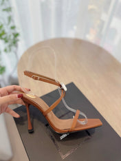 HIGH HEEL SANDAL 10 CM IN BRONZE BROWN SATIN CREPE AND CRYSTAL
