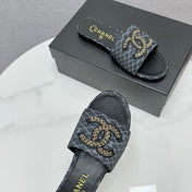 CC SLIDE SANDALS 25S IN BLACK DENIM AND CALFSKIN WITH LOGO