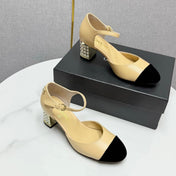 CC MARY JANE HEELS 25S IN BEIGE LAMBSKIN AND SUEDE WITH PEARL HEEL STYLE 6