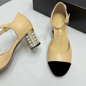 CC MARY JANE HEELS 25S IN BEIGE LAMBSKIN AND SUEDE WITH PEARL HEEL STYLE 6