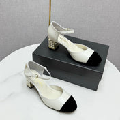 CC MARY JANE HEELS 25S IN WHITE LAMBSKIN AND BLACK SUEDE WITH PEARL HEEL STYLE 7