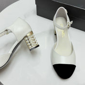 CC MARY JANE HEELS 25S IN WHITE LAMBSKIN AND BLACK SUEDE WITH PEARL HEEL STYLE 7