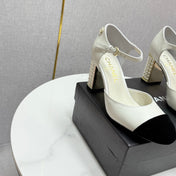 CC MARY JANE HEELS 25S IN WHITE LAMBSKIN AND BLACK SUEDE WITH PEARL HEEL STYLE 4