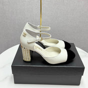 CC MARY JANE HEELS 25S IN WHITE LAMBSKIN AND BLACK SUEDE WITH PEARL HEEL STYLE 4