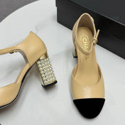 CC MARY JANE HEELS 25S IN BEIGE LAMBSKIN AND SUEDE WITH PEARL HEEL STYLE 3