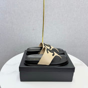 CHANEL 26S CC THONG SLIDES IN BEIGE AND BLACK LAMBSKIN