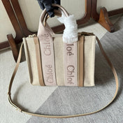 SMALL WOODY TOTE BAG 26.5 IN BEIGE LINEN CANVAS LIGHT PINK WEBBING LOGO EMBROIDERY