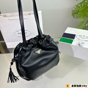 DRAWSTRING BUCKET BAG 25 IN BLACK SOFT LAMBSKIN