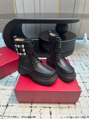 VIV' RANGERS ANKLE BOOTS IN BLACK CALFSKIN STRASS BUCKLE