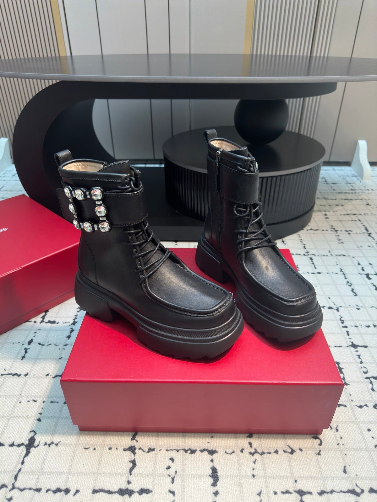 VIV' RANGERS ANKLE BOOTS IN BLACK CALFSKIN STRASS BUCKLE