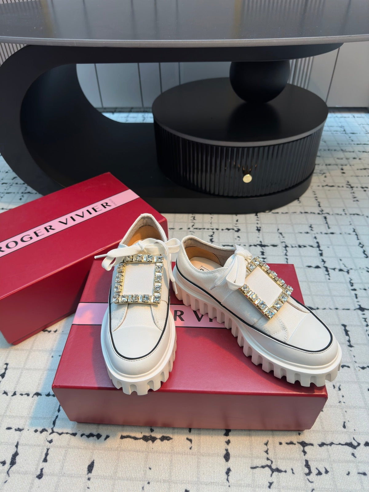 VIV' GO-THICK STRASS BUCKLE SLIP-ON SNEAKERS IN WHITE CANVAS