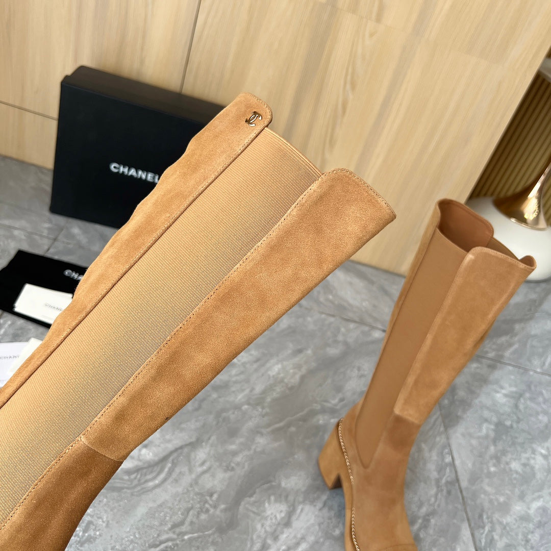 CHANEL 25S HIGH BOOTS STRETCHY SHAFT 85MM IN CARAMEL SUEDE GOLD HARDWRE