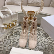 NAUGHTILY-D ANKLE BOOT NUDE BEIGE TRANSPARENT MESH AND SUEDE EMBROIDERED WITH ROSES MOTIF 35 MM