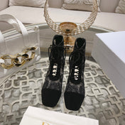 NAUGHTILY-D ANKLE BOOT BLACK TRANSPARENT MESH AND SUEDE EMBROIDERED WITH ROSES MOTIF 35 MM