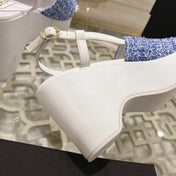 WEDGE SANDALS IN SAPPHIRE BLUE FABRIC WITH WHITE LOGO