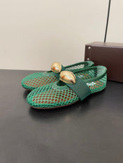 ALAIA BALLET FLATS IN COOL GREEN MESH FISHNET WITH GOLD HARDWARE