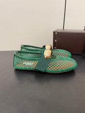 ALAIA BALLET FLATS IN COOL GREEN MESH FISHNET WITH GOLD HARDWARE